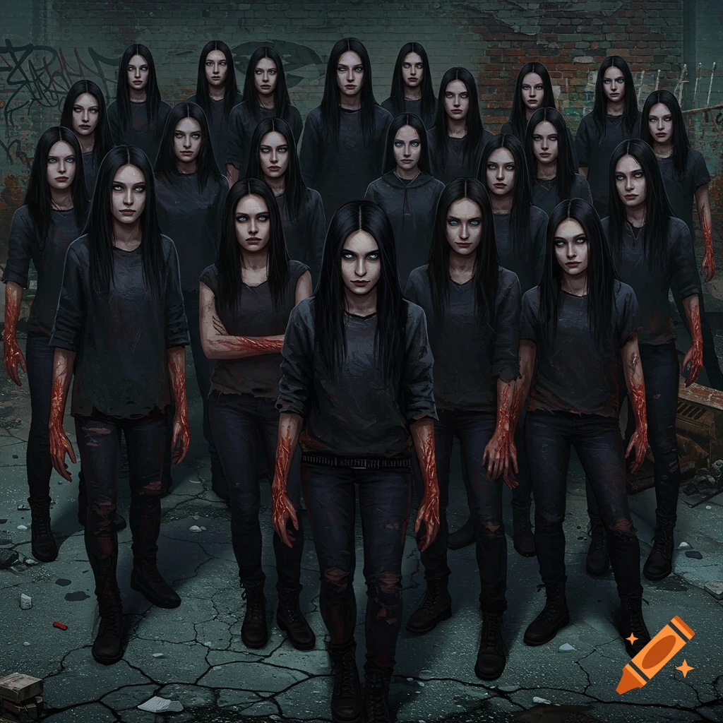 A group of women with long black hair, pale skin, grunge clothes, and bloody hands stand in a ruined urban setting.