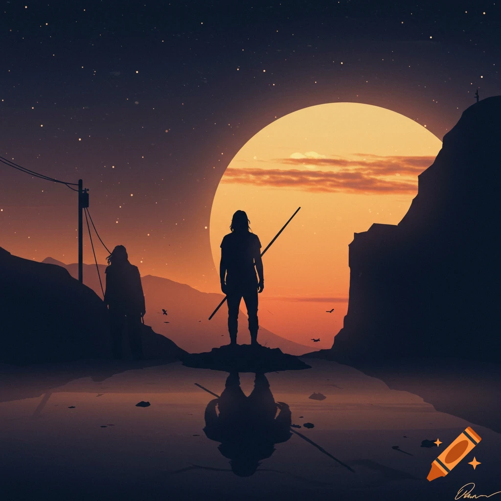A stylized silhouette of a figure standing on a rock with a staff looking out at a large moon/sun, with another figure and reflection in the foreground.