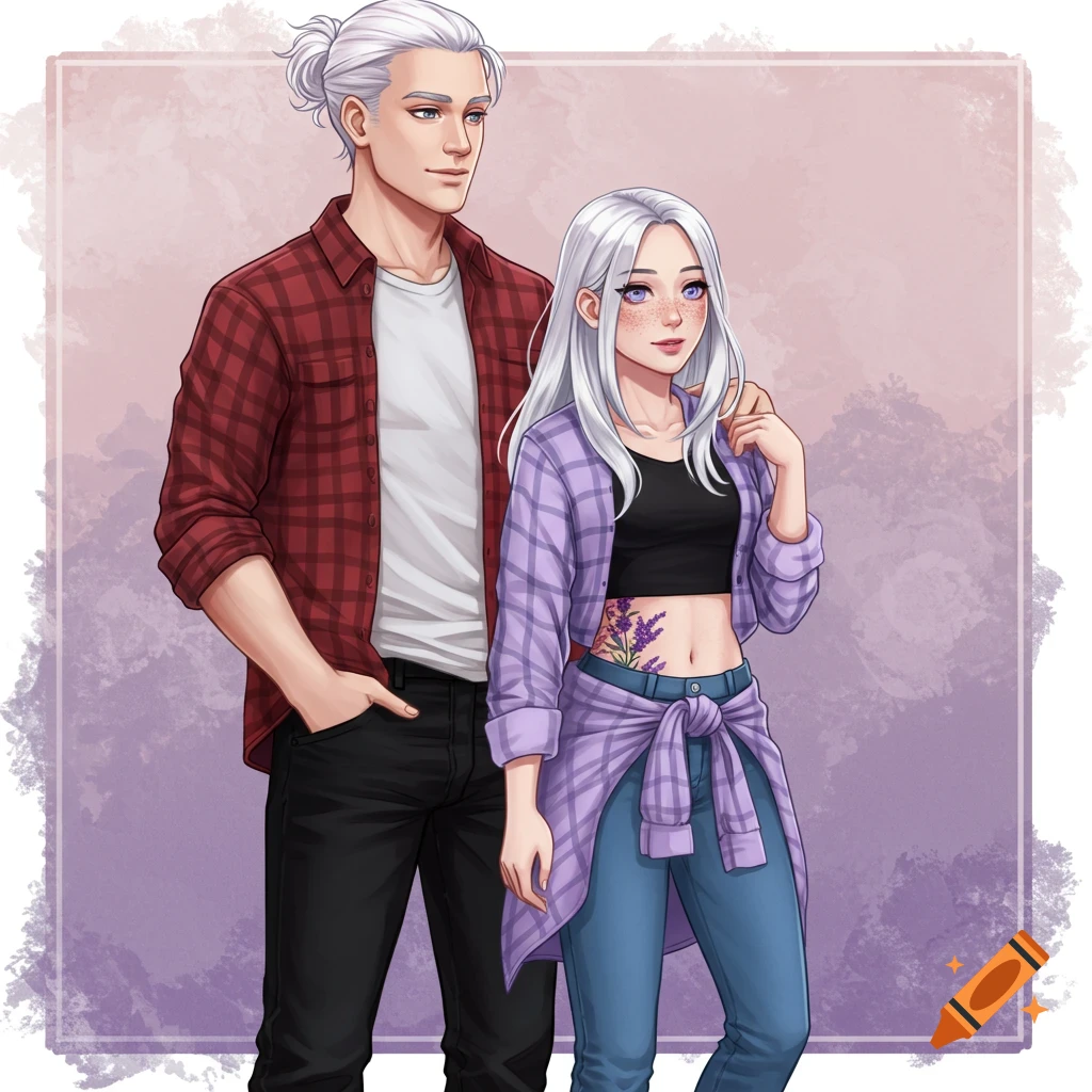 A man and woman are standing together in casual clothing. The man is wearing a red flannel shirt and the woman is wearing a purple flannel and a crop top. The woman has a tattoo on her arm.