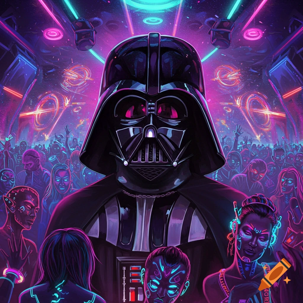 Darth Vader in a neon-lit rave surrounded by a crowd.