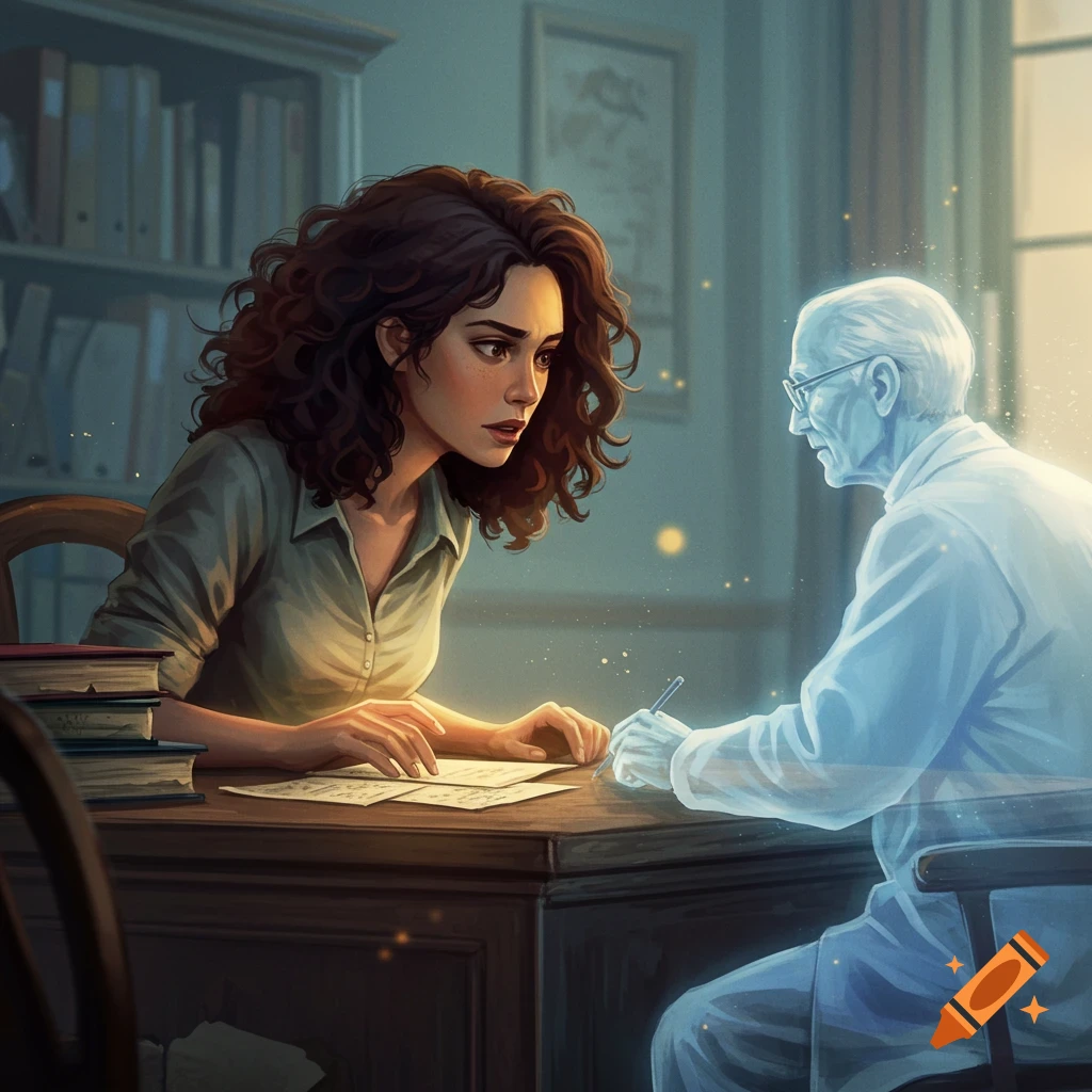 Painting of a woman facing a glowing ghostly man across a desk with papers and books.