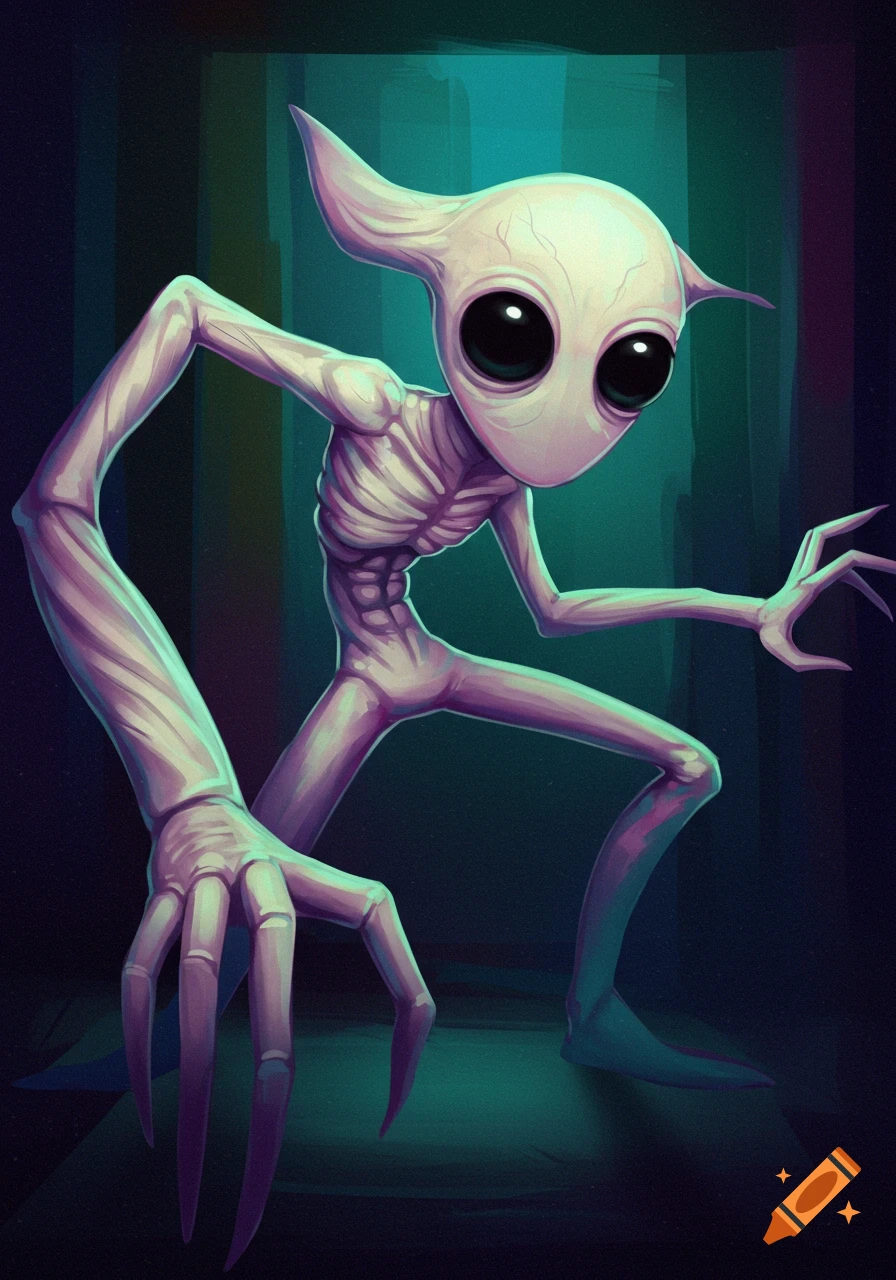 A pale creature with large black eyes and long limbs.