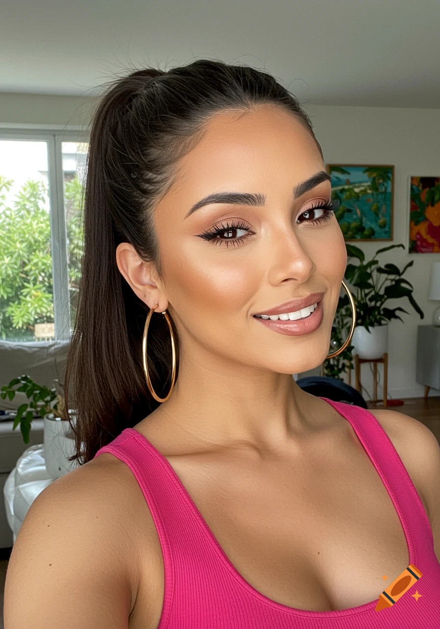 Photorealistic portrait of a smiling hispanic woman with a ponytail, hoop earrings, and a pink top.