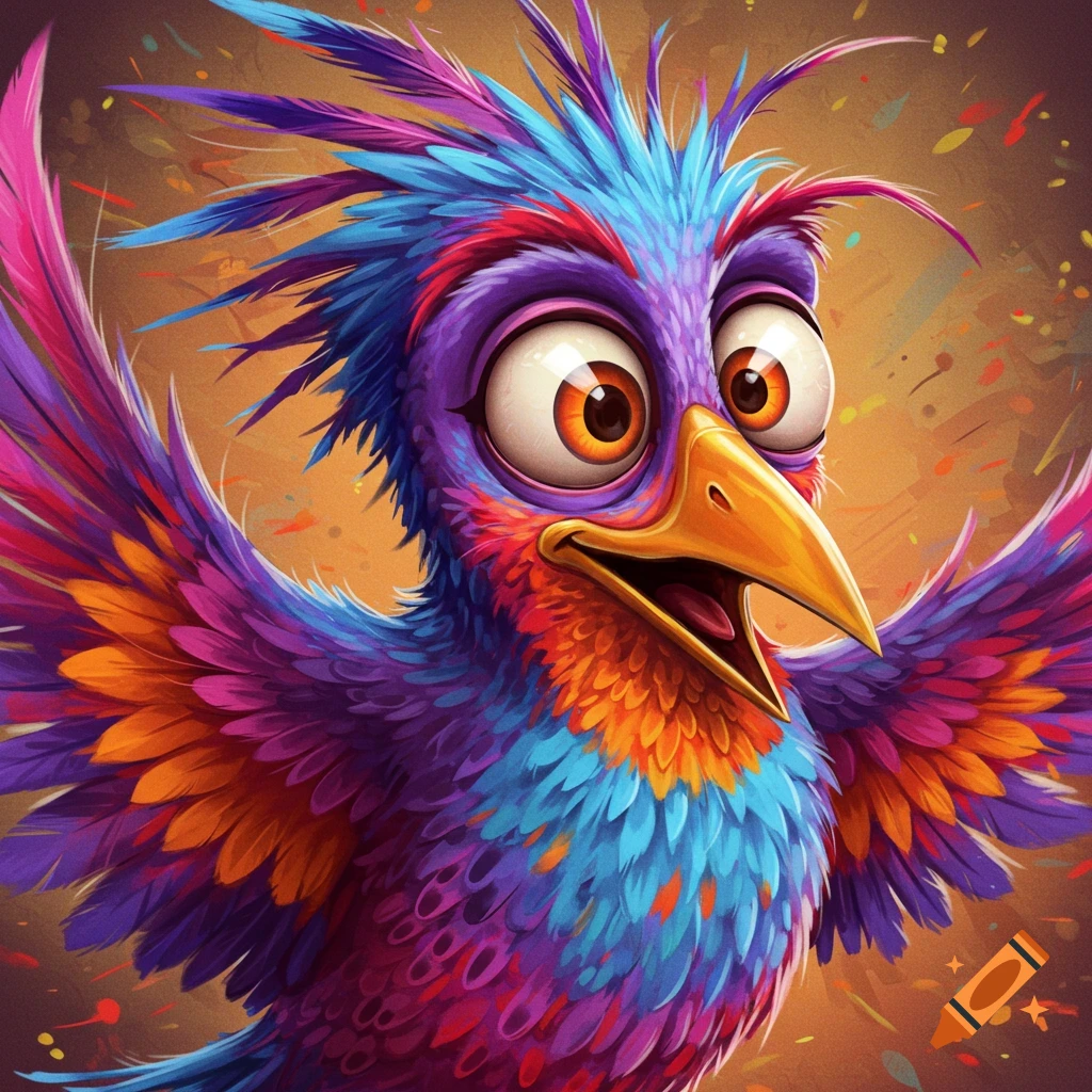 Colorful cartoon bird with wide eyes and ruffled feathers.