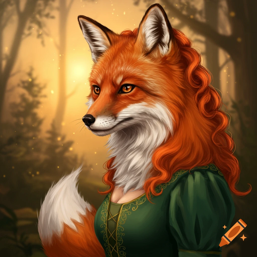 A fox-headed person wearing a green dress in a forest.