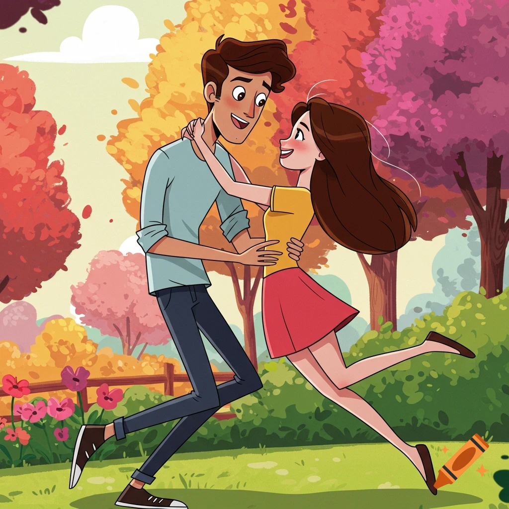 Cartoon couple dancing in an autumn park.