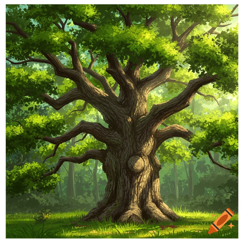A large, ancient tree stands in a forest clearing with sunlight filtering through its leaves.