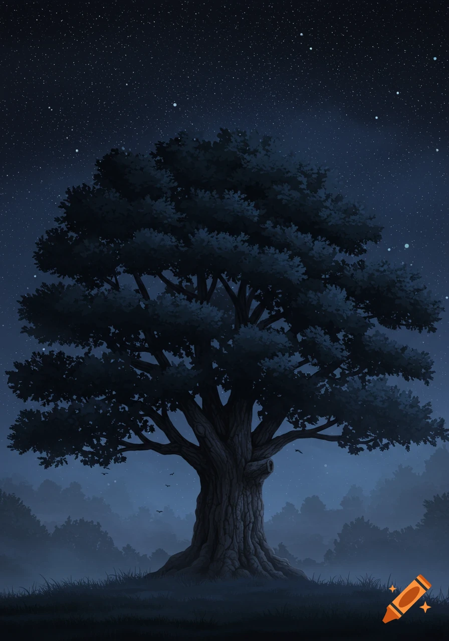A dark tree stands under a starry night sky with mist.