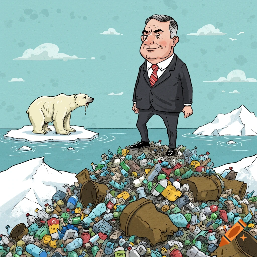 Political cartoon of a man in a suit standing on a mountain of trash looking at a polar bear on a small ice floe.