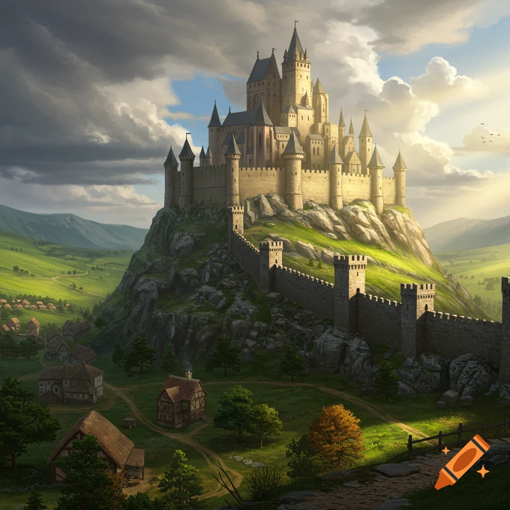 A medieval castle sits on a hill overlooking a village.
