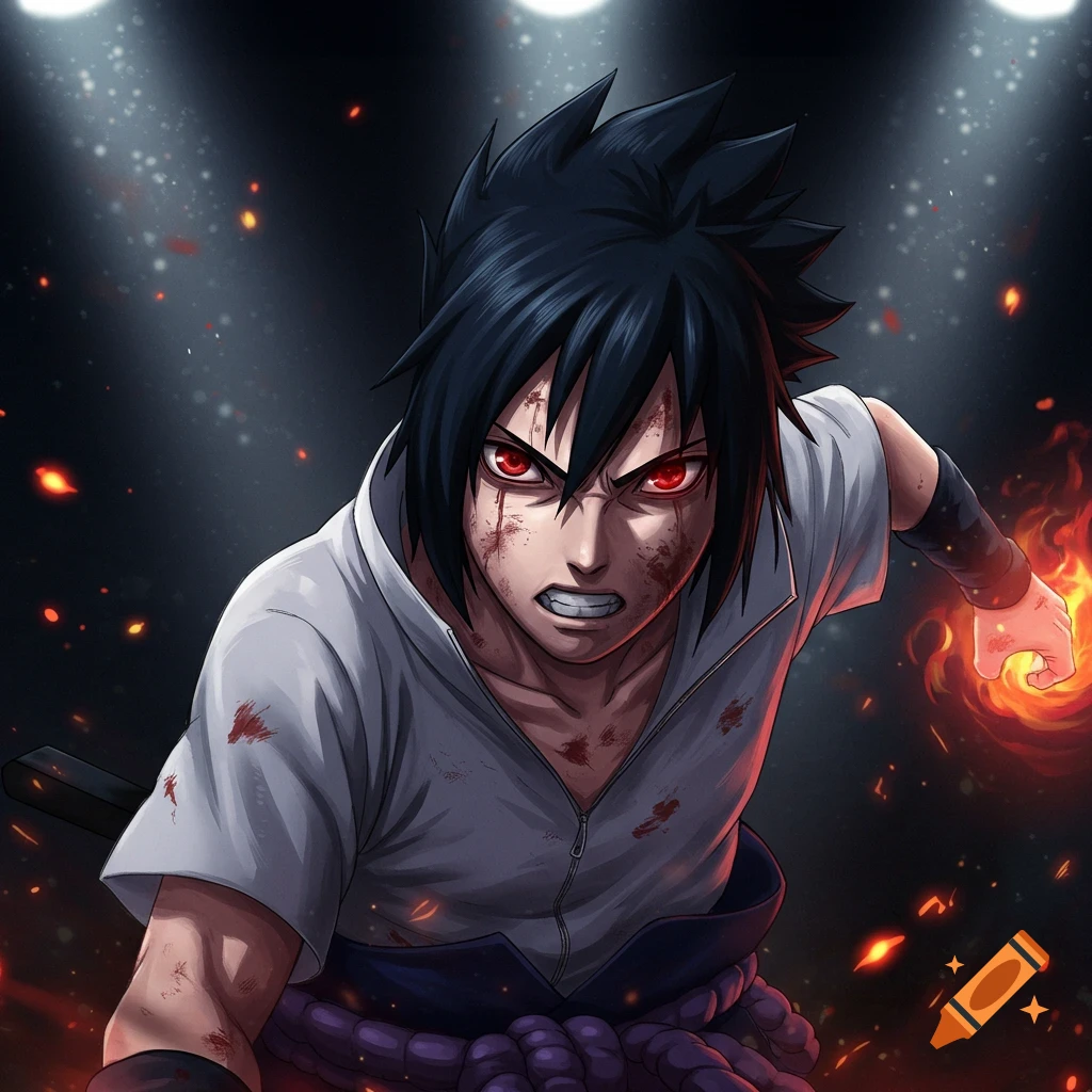 A depiction of Sasuke from Naruto with bloodstains and a fiery hand