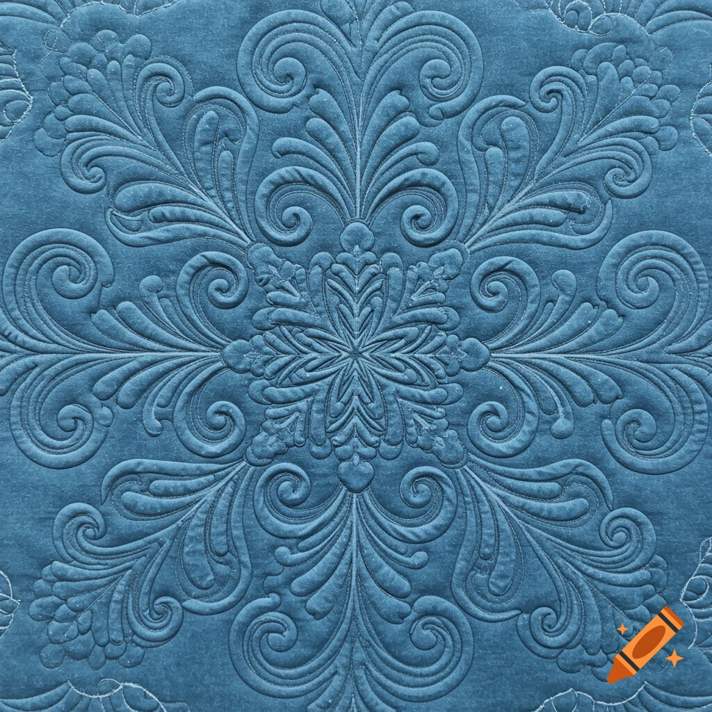 Blue quilted fabric with snowflake and scrollwork pattern.