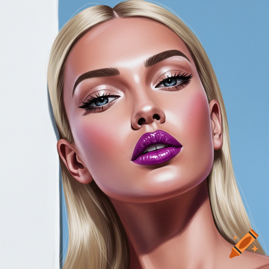 A woman with purple lipstick and dramatic makeup.
