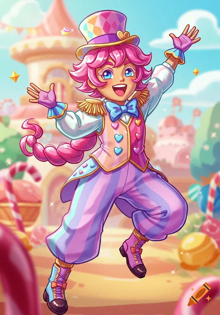 Cheerful cartoon character in colorful circus costume jumps in a candy land, in Cookie Run style.