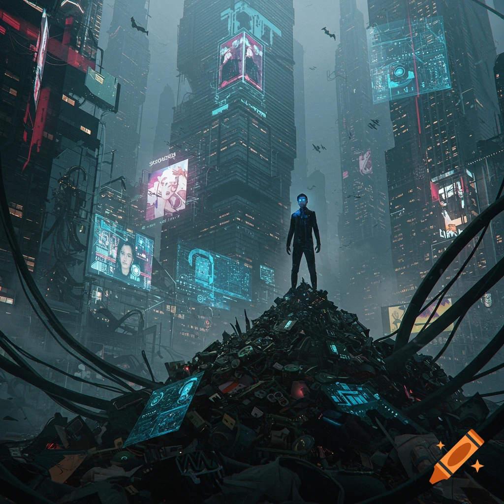 A figure stands atop a pile of junk in a dystopian cyberpunk city, surrounded by glowing screens.