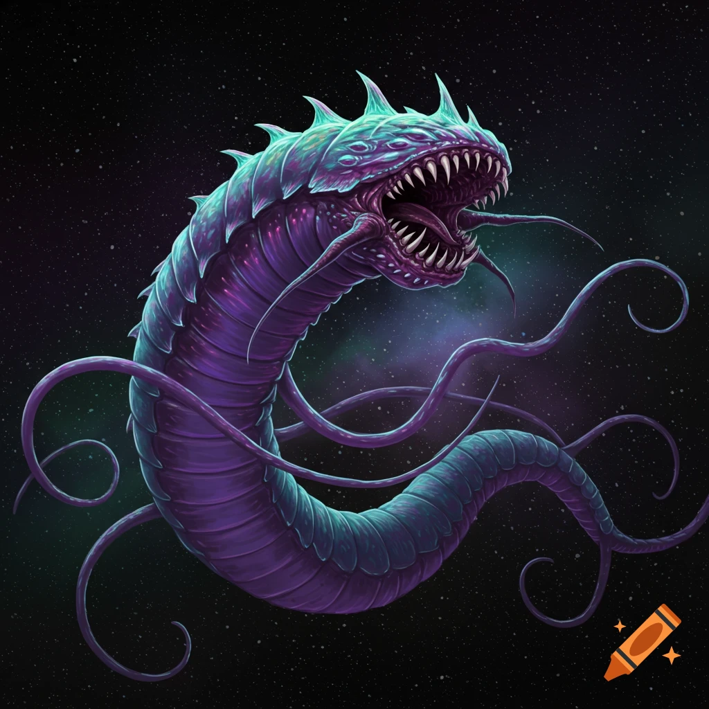 A giant purple and teal alien leech with teeth and tentacles floats in space.