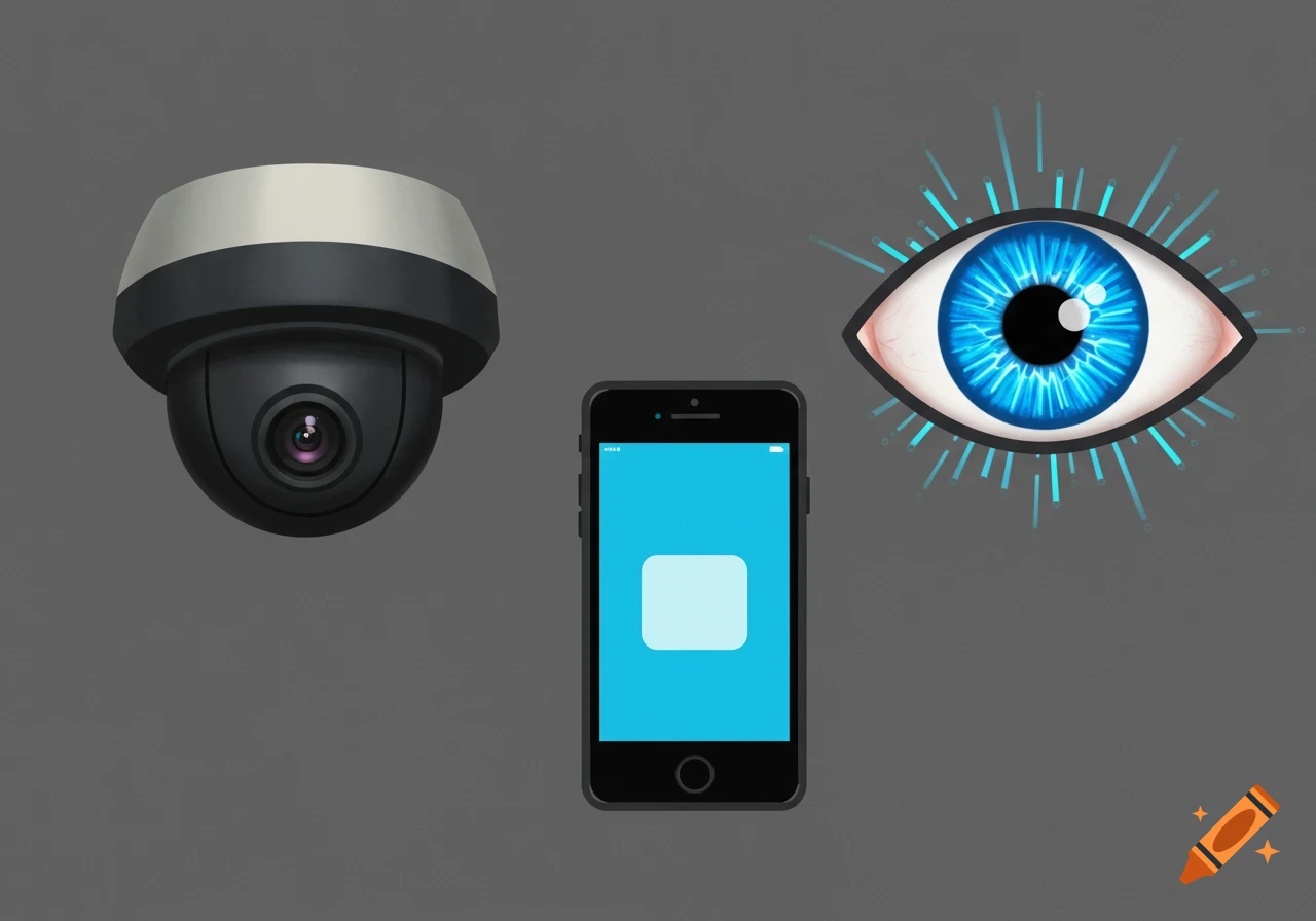 Digital illustration of a security camera, a smartphone with a blue screen, and a blue digital eye icon on a gray background.