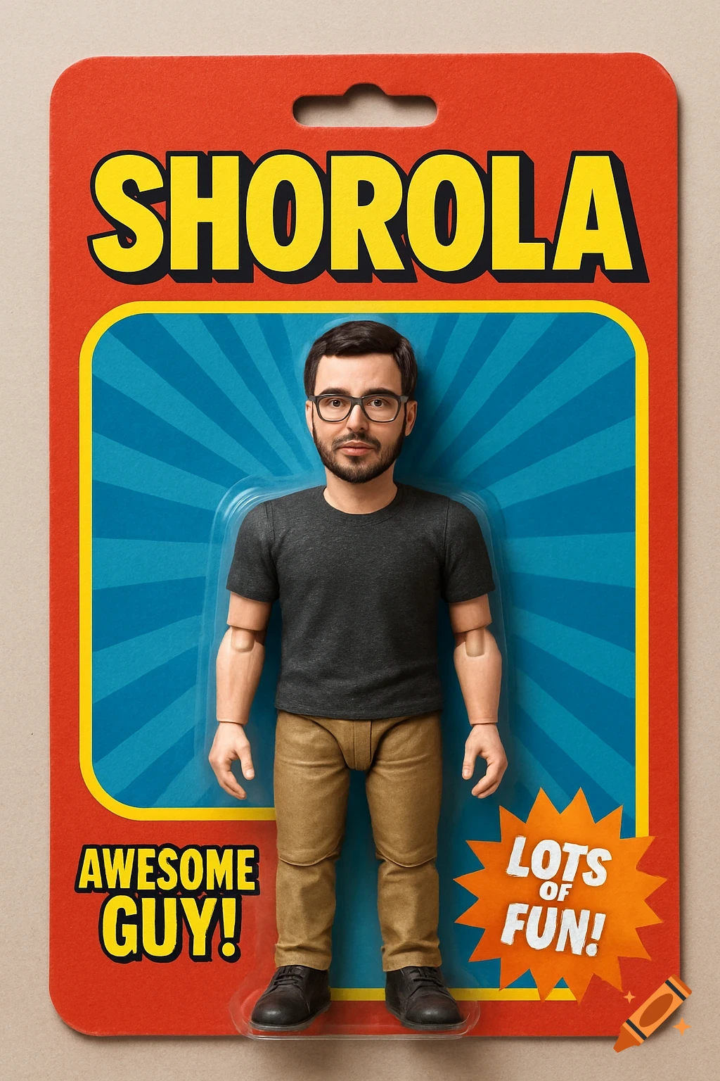 Realistic action figure in packaging with text.