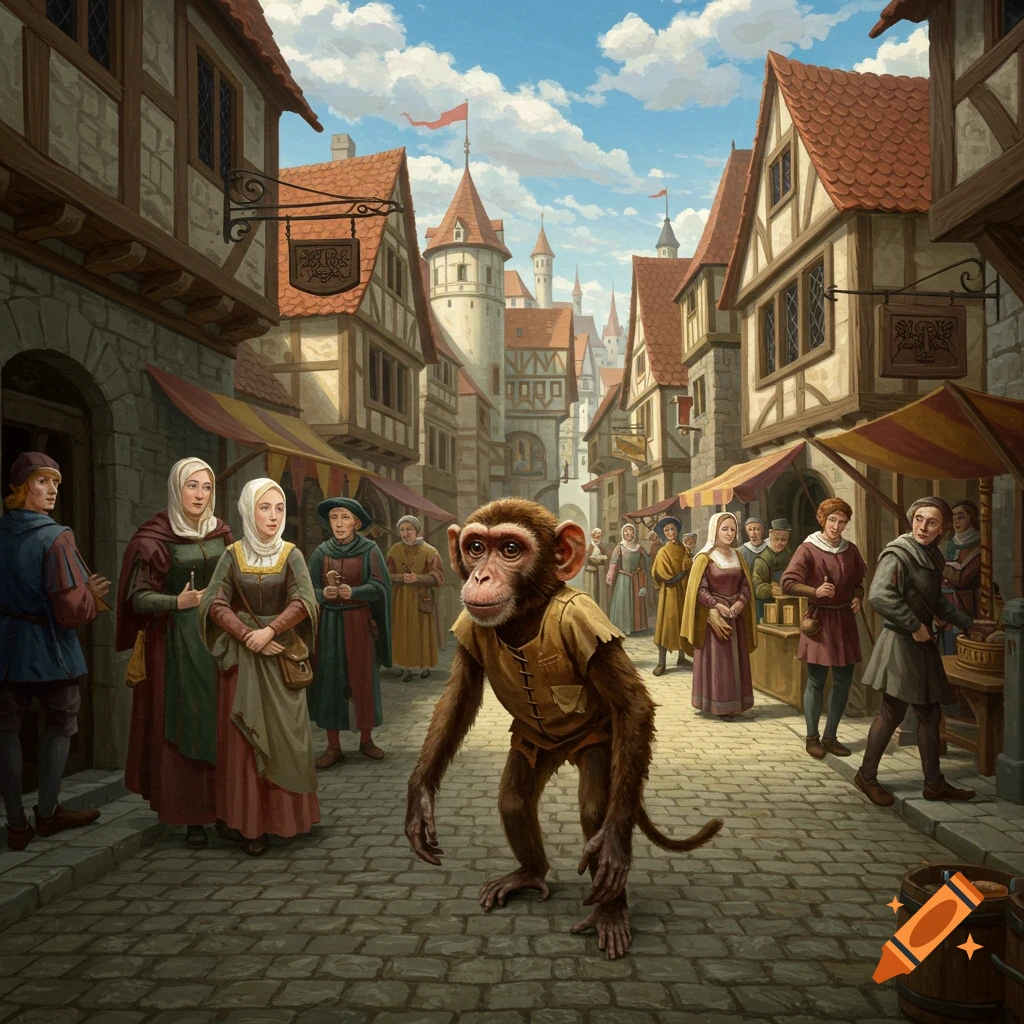 A painted scene of a monkey in medieval clothes standing in a busy medieval town square with people.