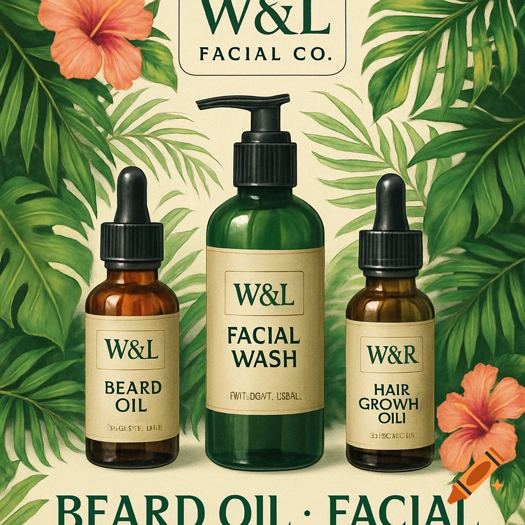 Three bottles of beard oil, facial wash, and hair growth oil with a tropical leaf background.
