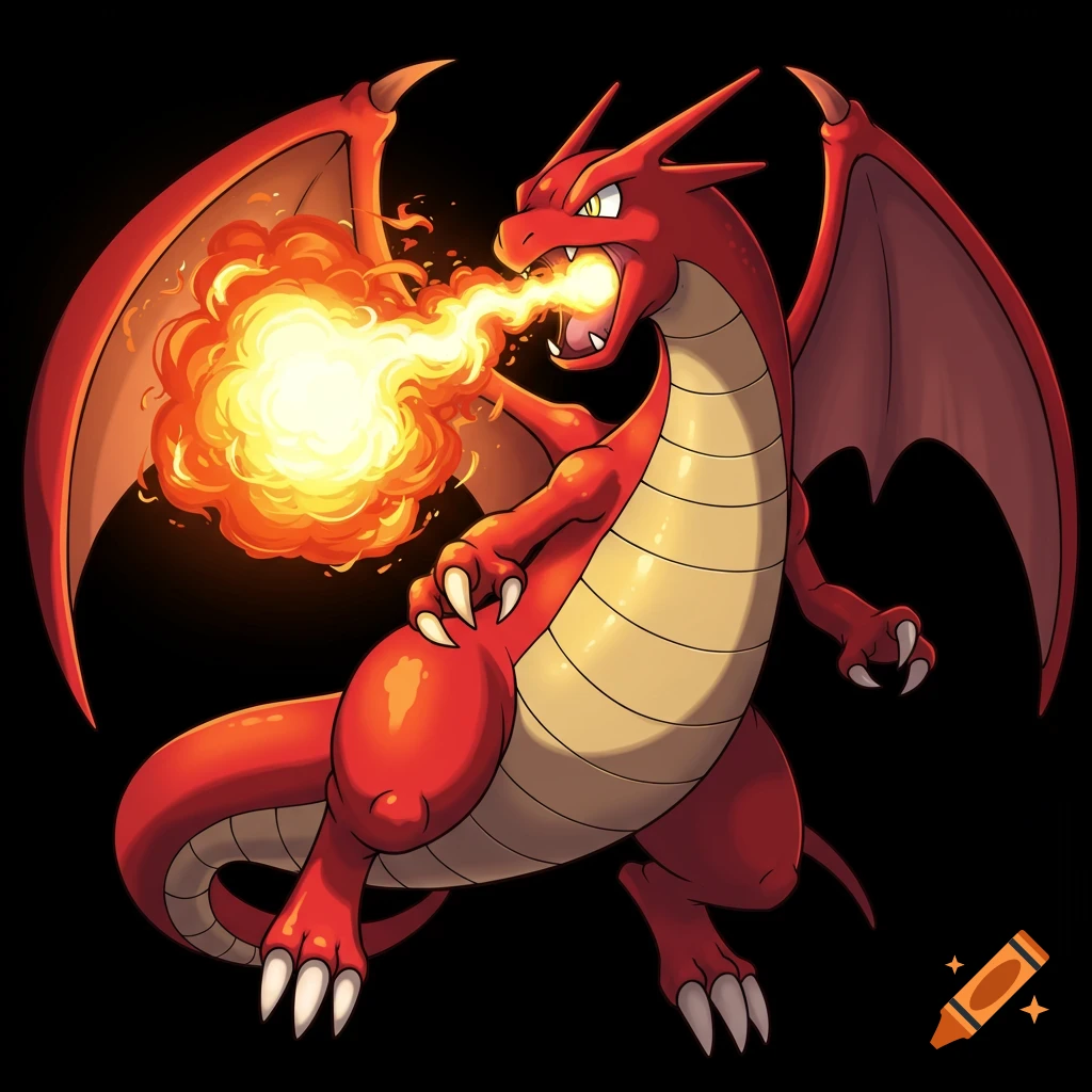 A red dragon in a pokemon style breathing a large ball of fire from its mouth.