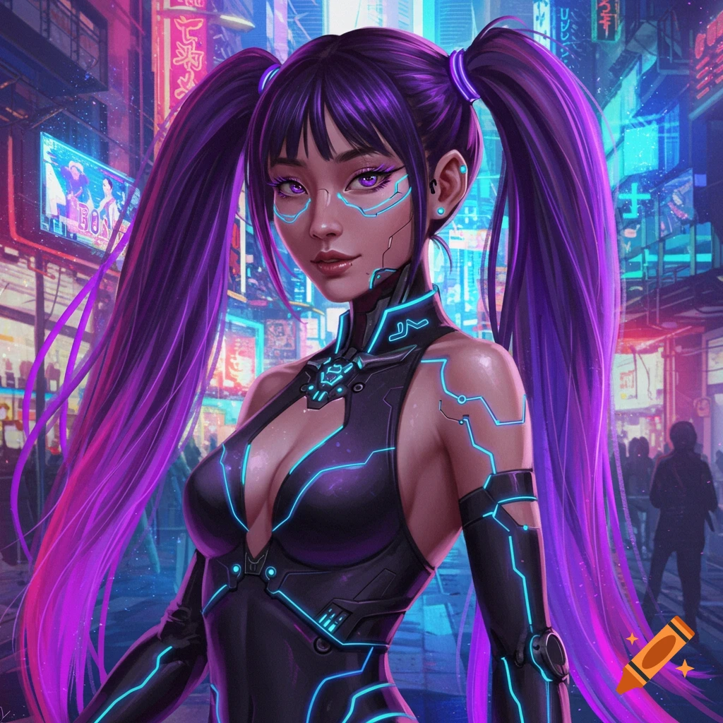 A female with purple pigtails and cybernetic suit in a neon-lit city.
