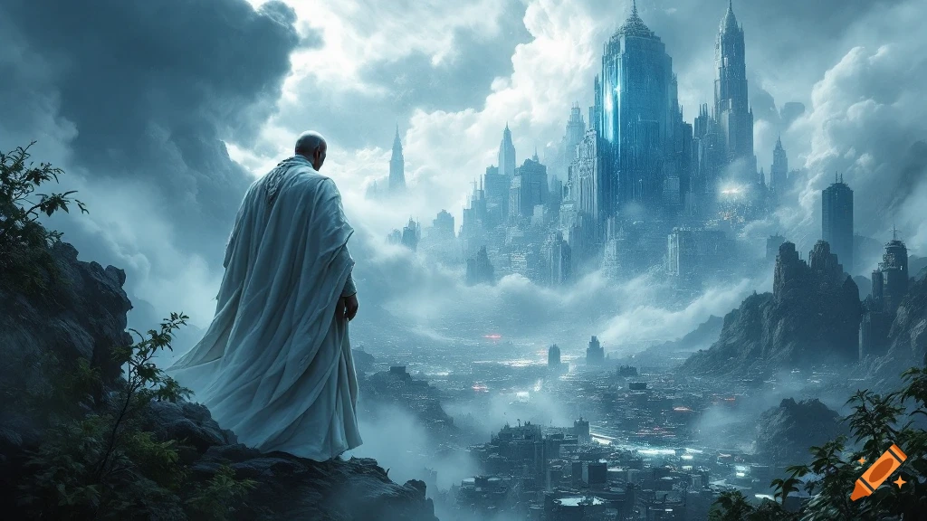 A cloaked figure stands on a rocky cliff overlooking a sprawling, cloud-shrouded fantasy city.