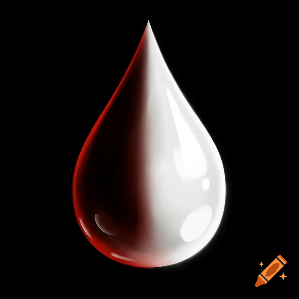 A glossy drop, half white and half red, against a black background.