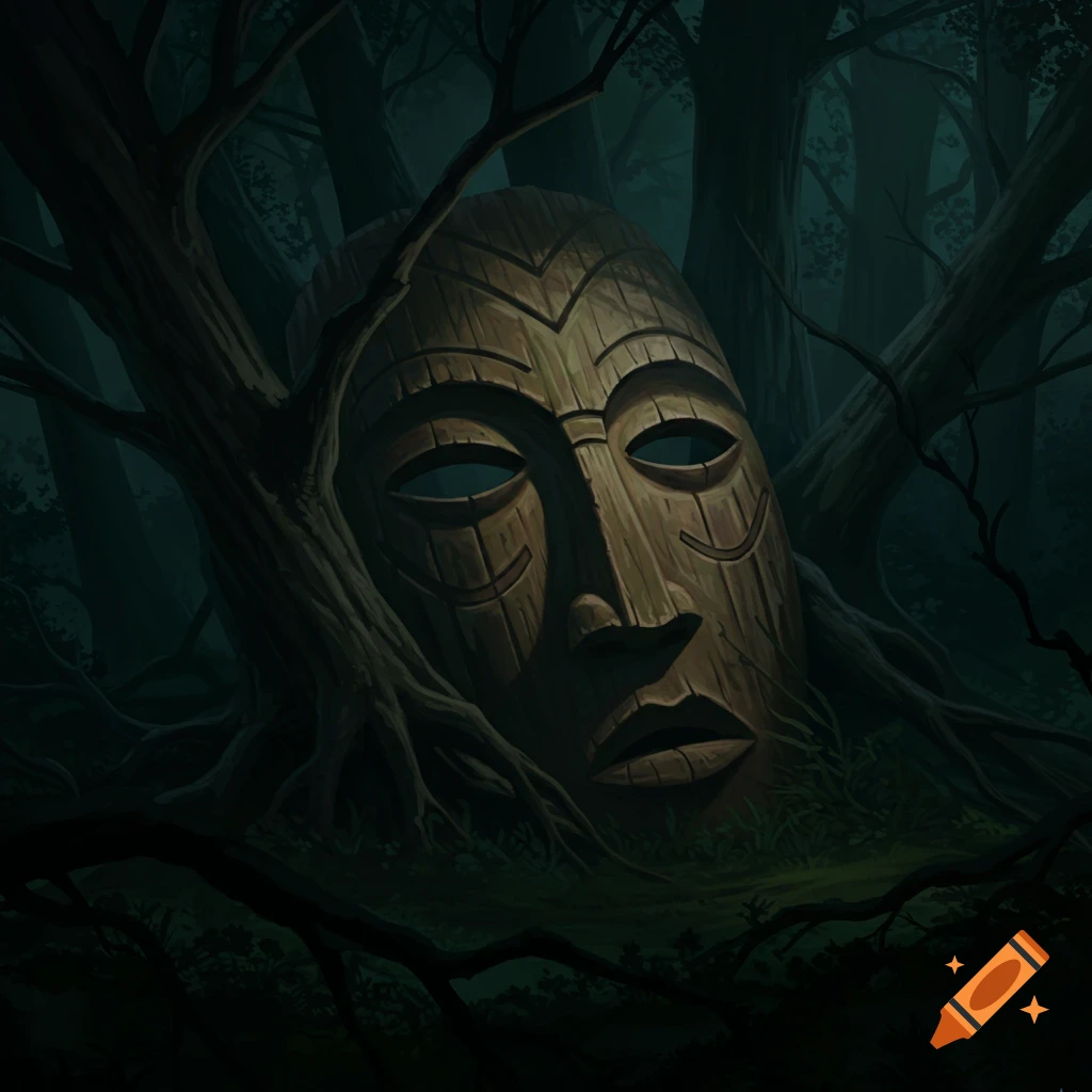 A large wooden mask partially obscured by dark forest trees and branches at night.