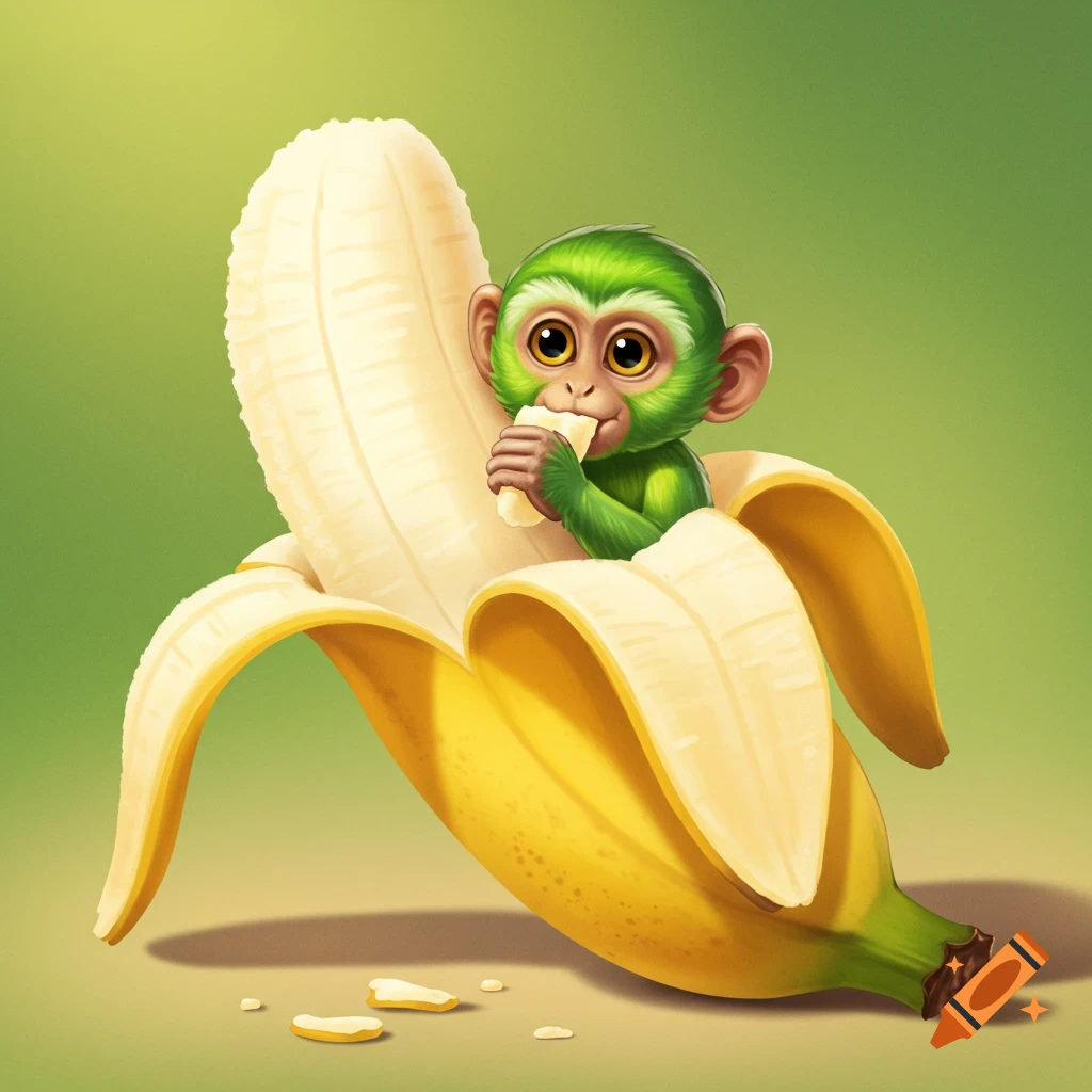 A cute green cartoon monkey sits inside a peeled banana and eats a piece.