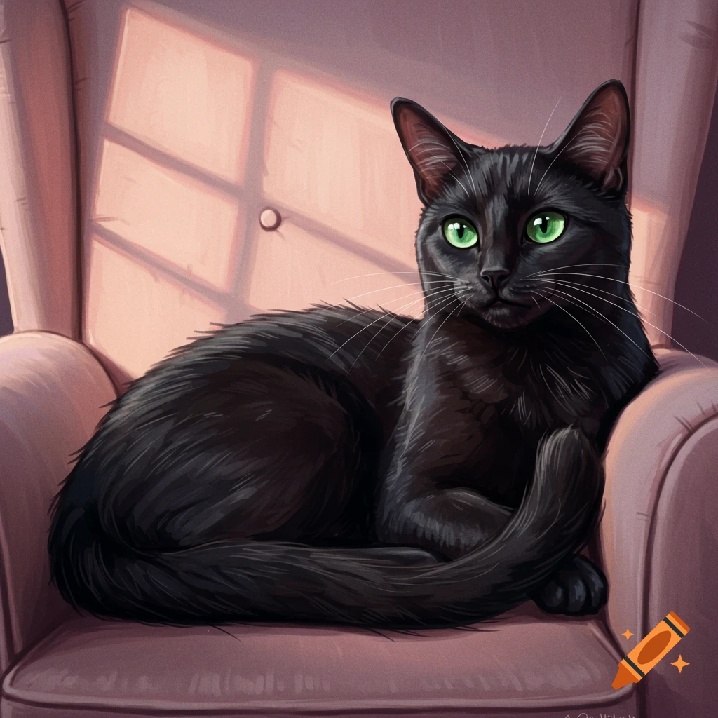 A black cat with green eyes sits on a pink armchair.