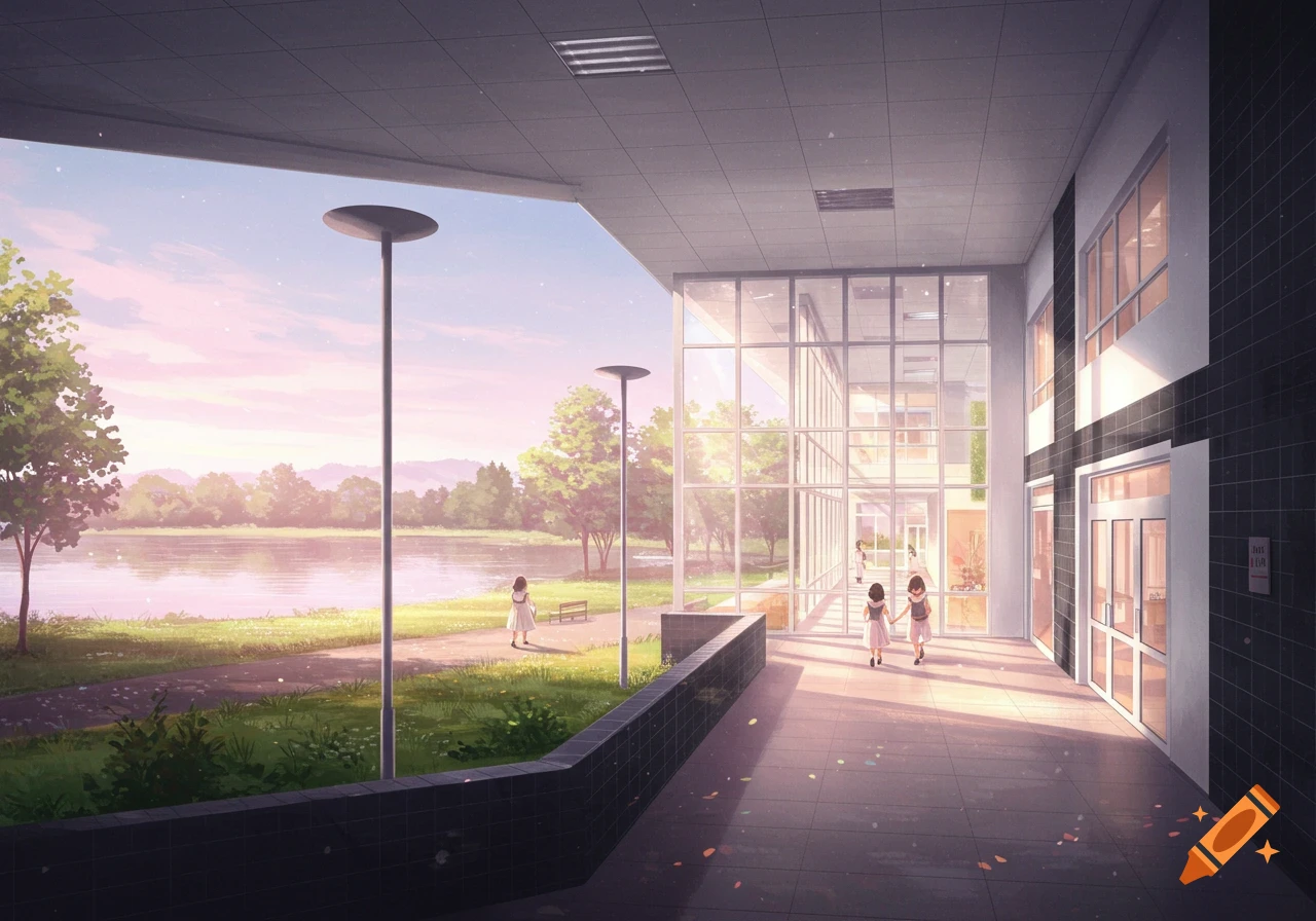 Anime style image of a school entrance overlooking a lake with students.