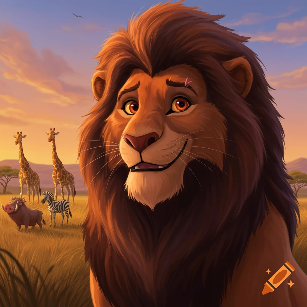 Cartoon lion smiling with giraffes, warthog, and zebra in a savanna.