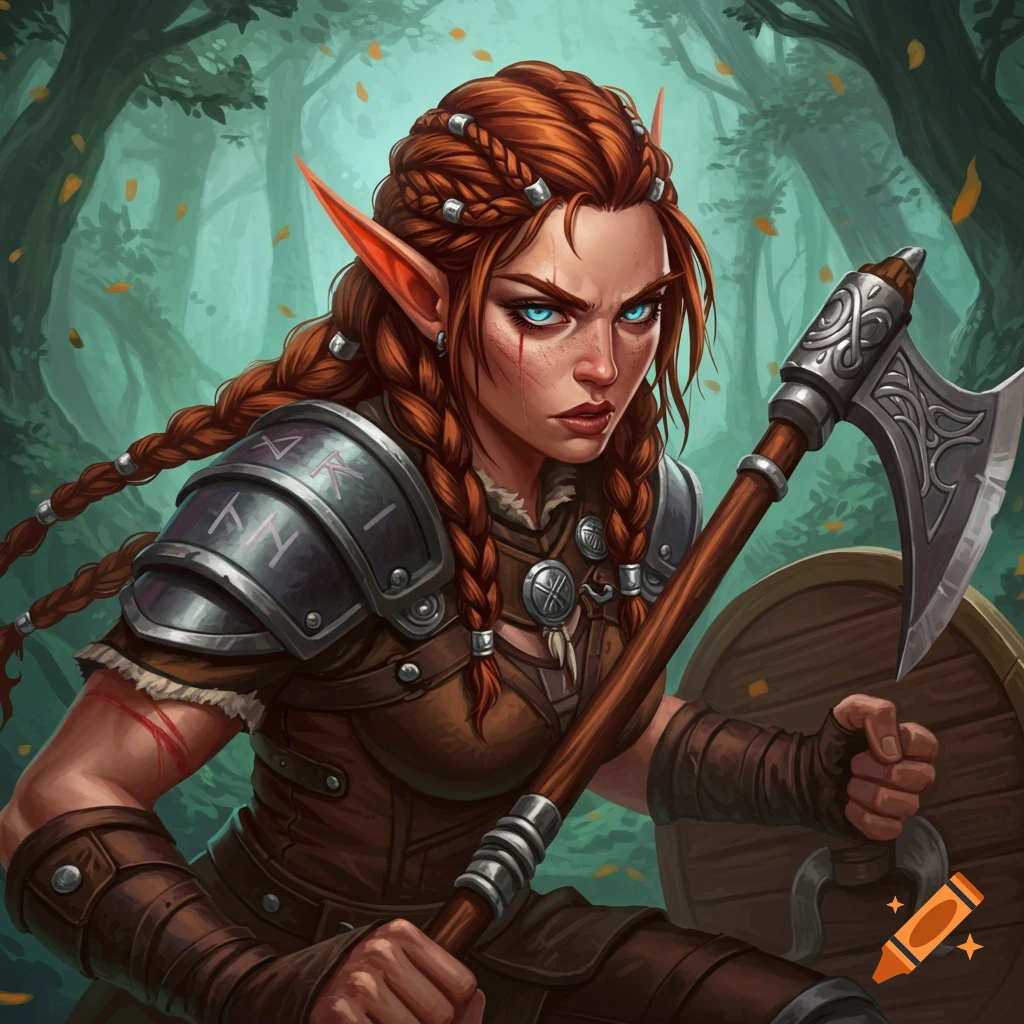 A female elf barbarian with red braids, armor, axe, and shield in a forest.