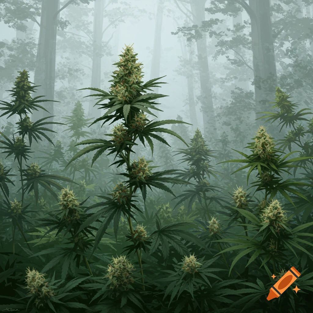 Lush cannabis plants with buds in a misty forest.