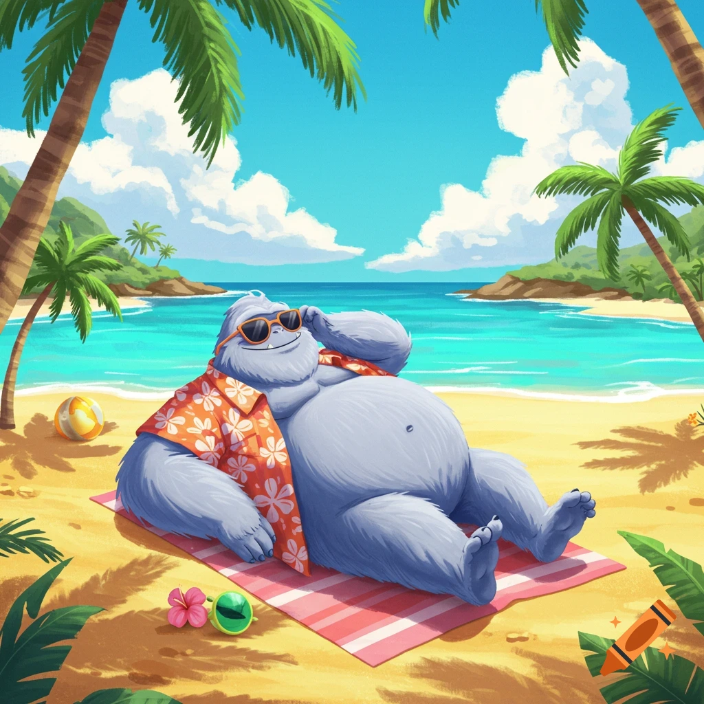 A yeti wearing a Hawaiian shirt and sunglasses relaxes on a beach towel on a tropical beach.