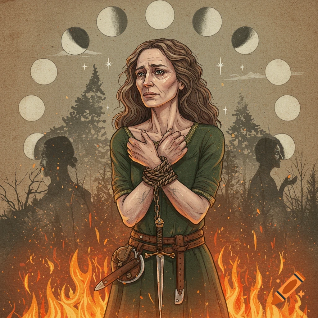 Illustration of a woman tied with rope and chain in flames, with moon phases and ancestor shadows in the background, in a watercolor style.