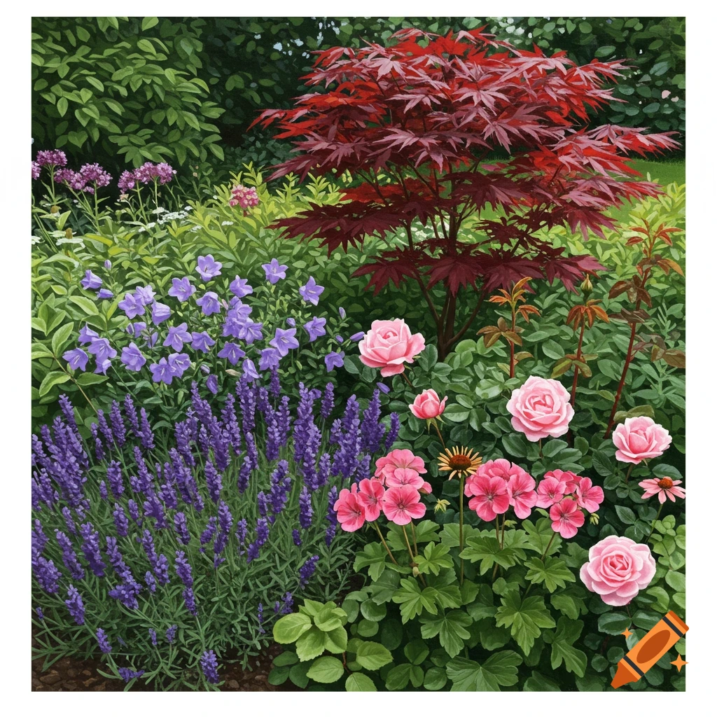A vibrant garden with purple lavender, pink roses, blue bellflowers, and a red Japanese maple tree.