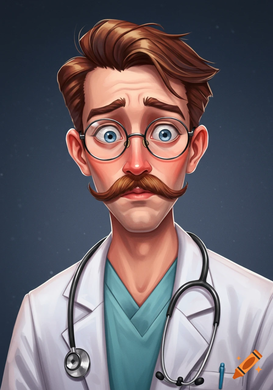 Image of an anxious male doctor with glasses and a mustache.