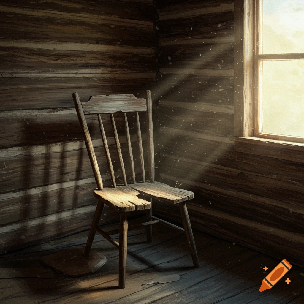 A broken wooden chair sits inside a rustic log cabin with sunlight streaming from a window.
