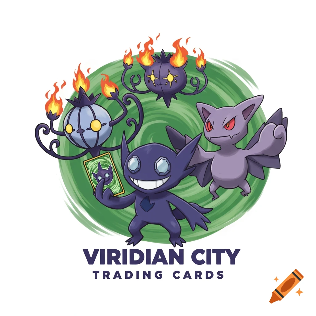 Cartoon logo with Pokemon-like characters Sableye, Chandelure, and Gliscor and text 'Viridian City Trading Cards'.