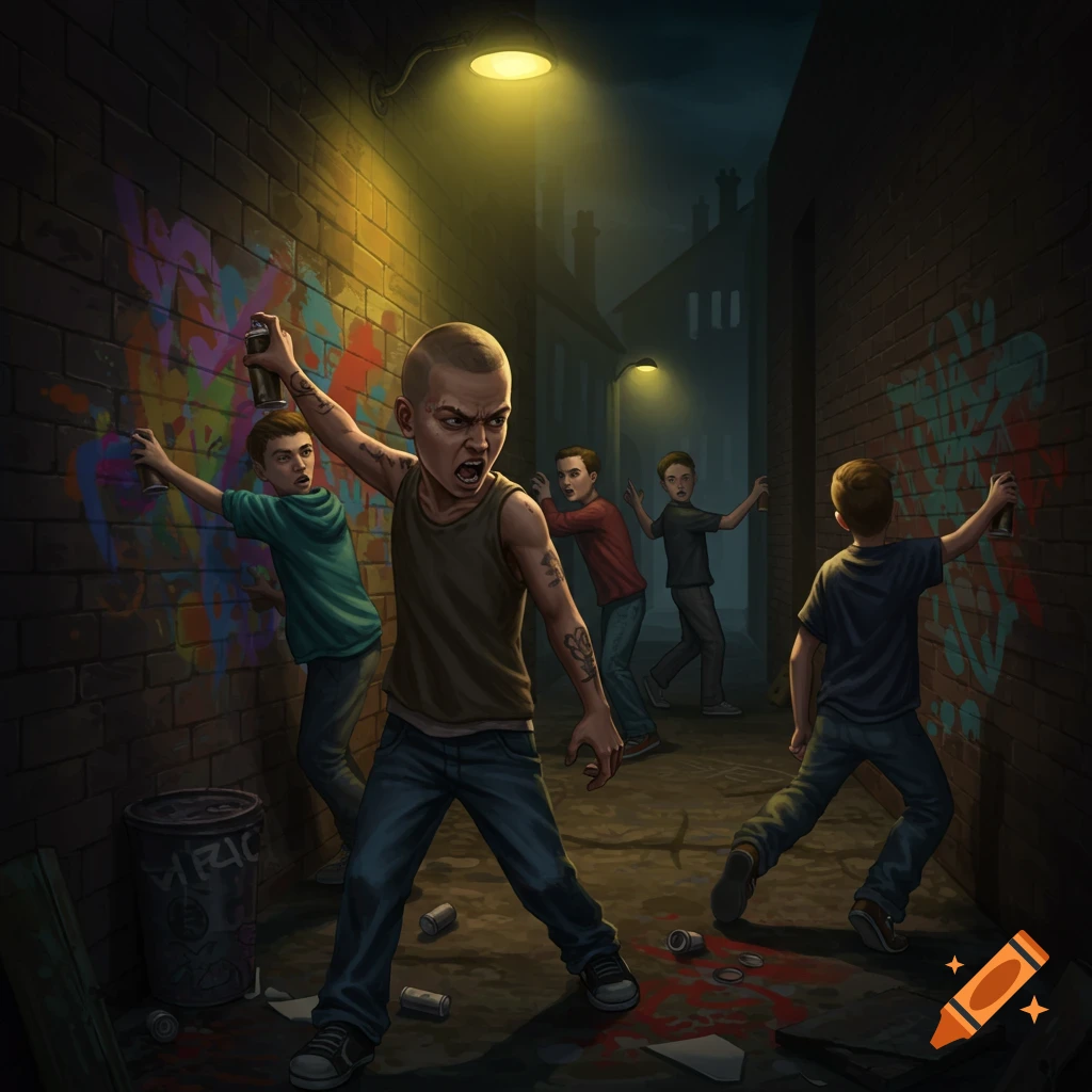 Boys spray-painting graffiti on a brick wall in a dark urban alley at night.