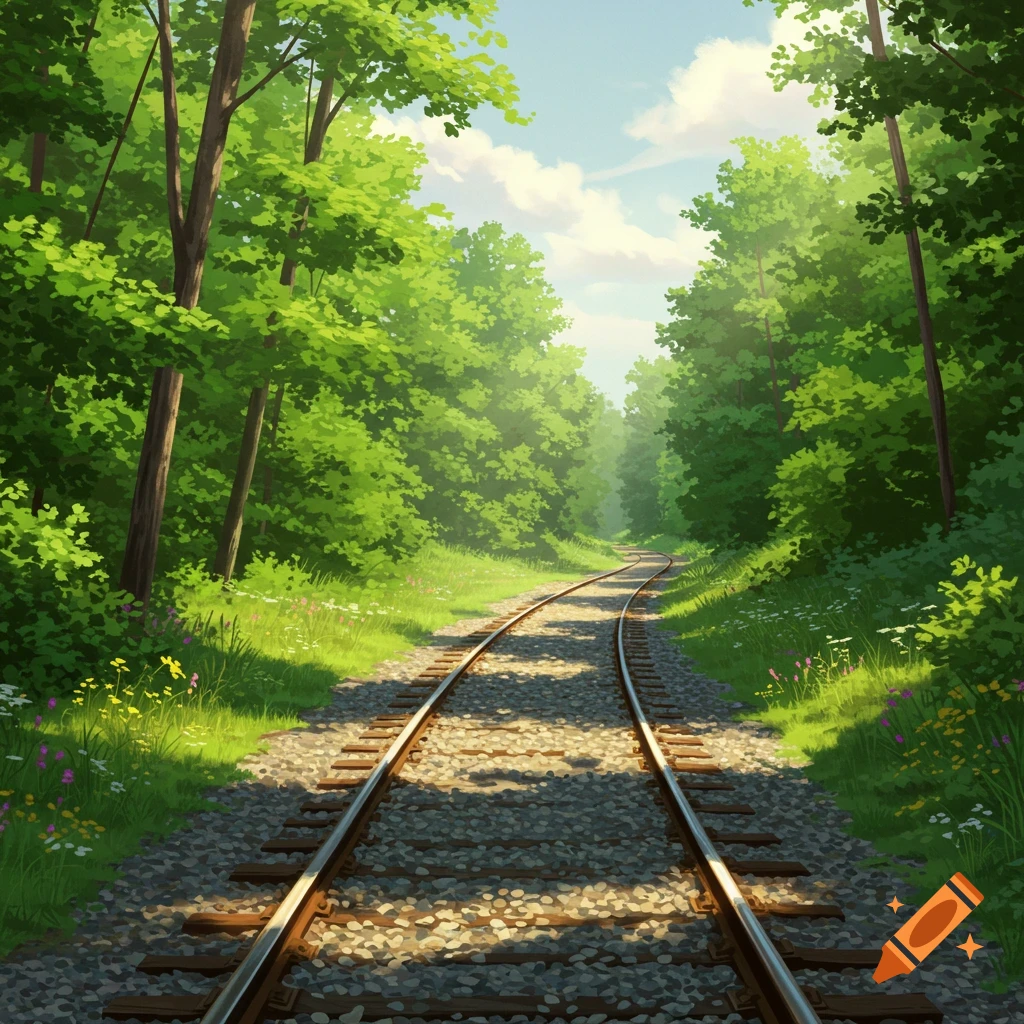A railway track winding through a lush green forest