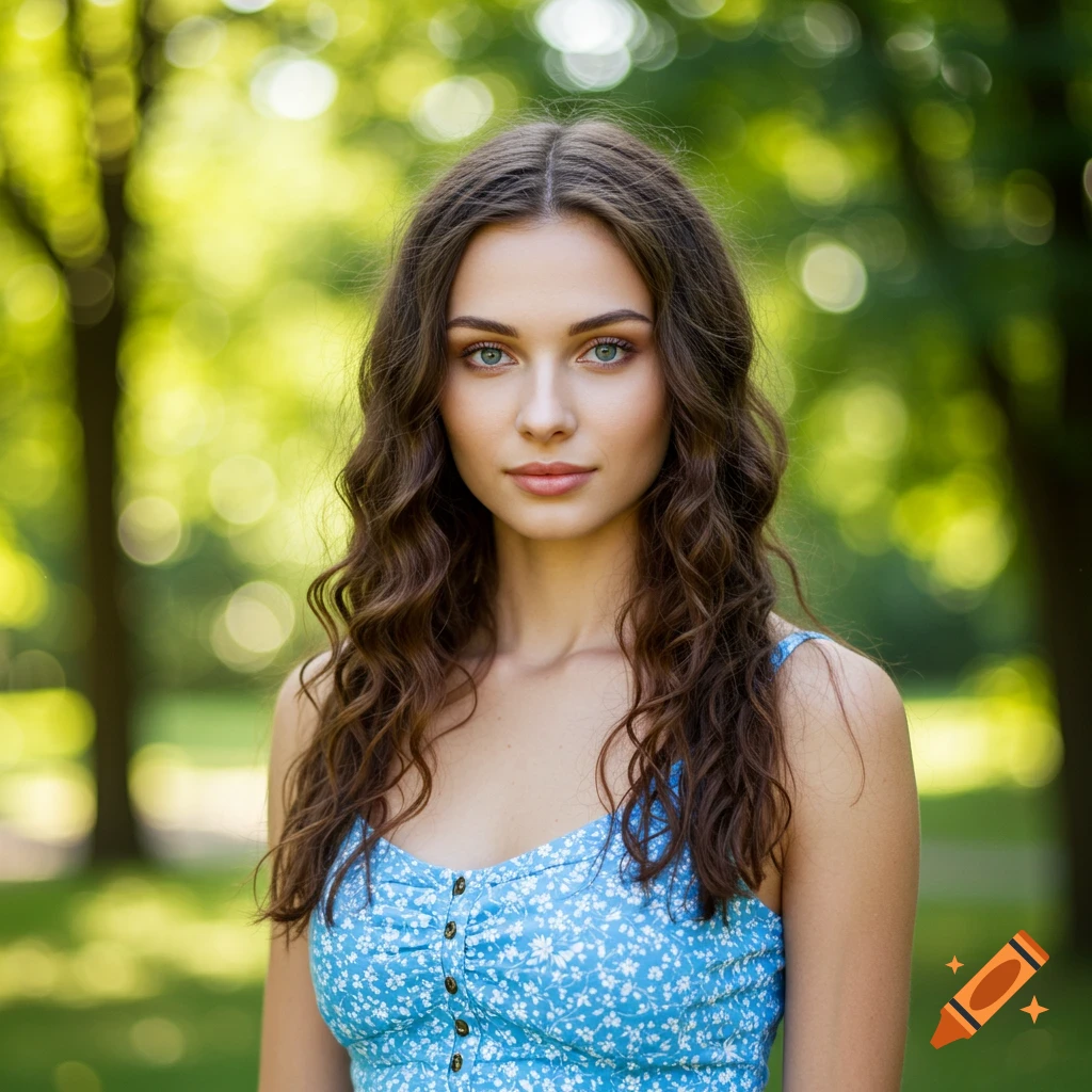 A photorealistic portrait of a young woman in a blue floral dress in a park.