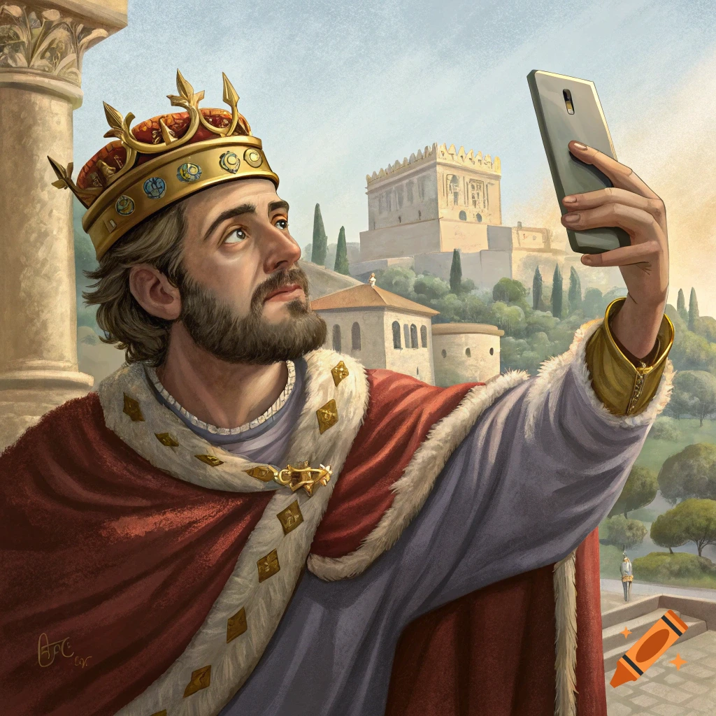 A king in historical attire takes a selfie with a modern smartphone in front of old architecture.