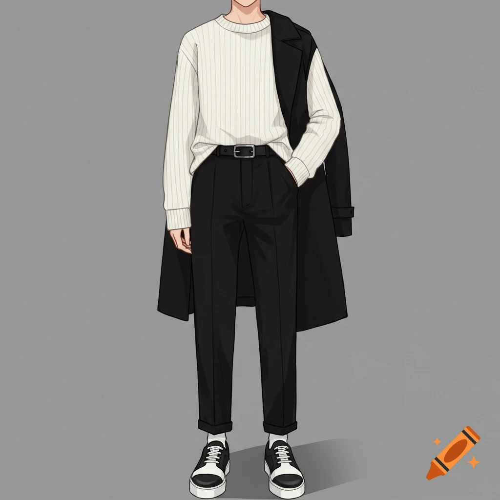 Anime style illustration of a person in a white sweater, black pants and belt, black shoes, and a black coat over the shoulder.