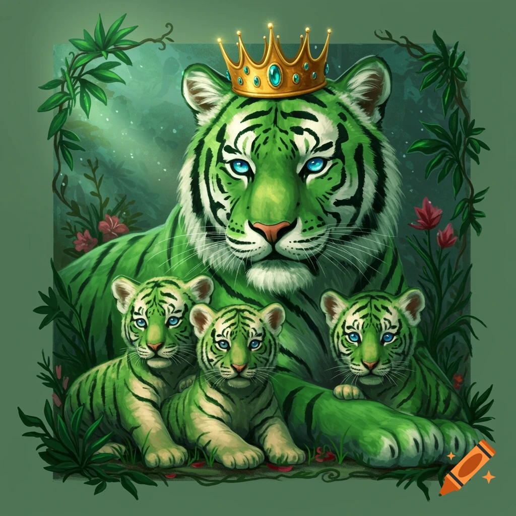 A green tiger queen with a crown and her three green cubs in a fantasy forest.
