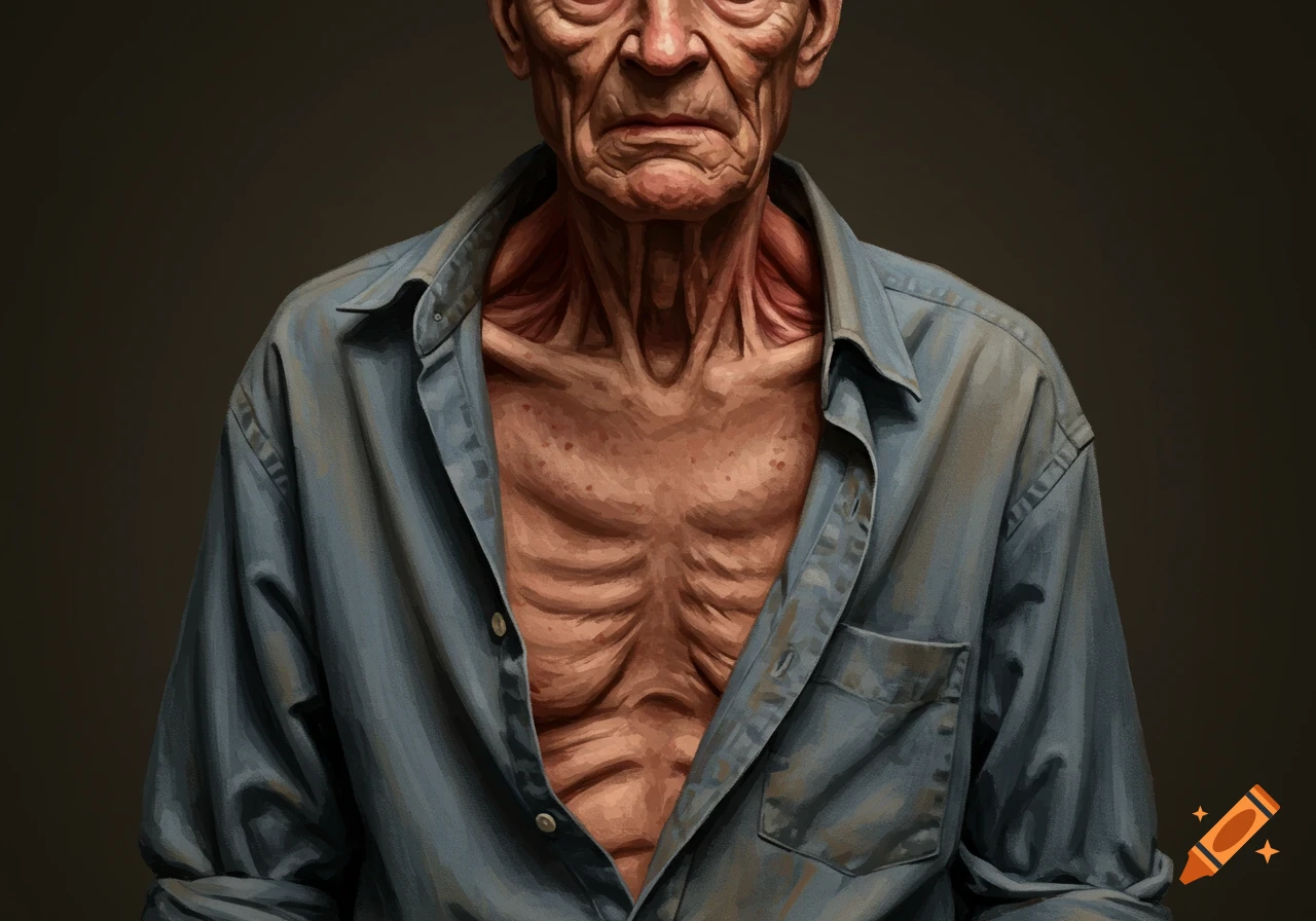 An old man with exposed skeletal chest and neck muscles.