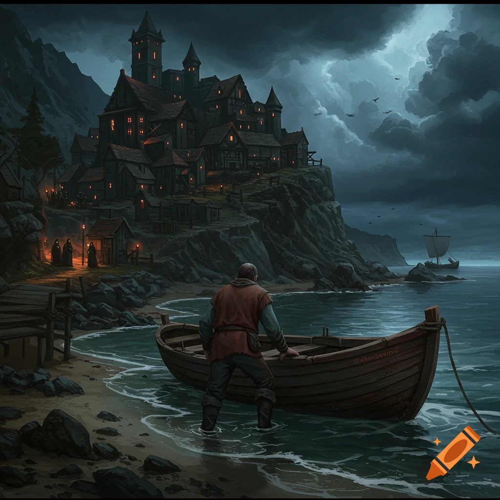 A man with a boat on a beach looking at a dark village on a cliff under stormy skies.