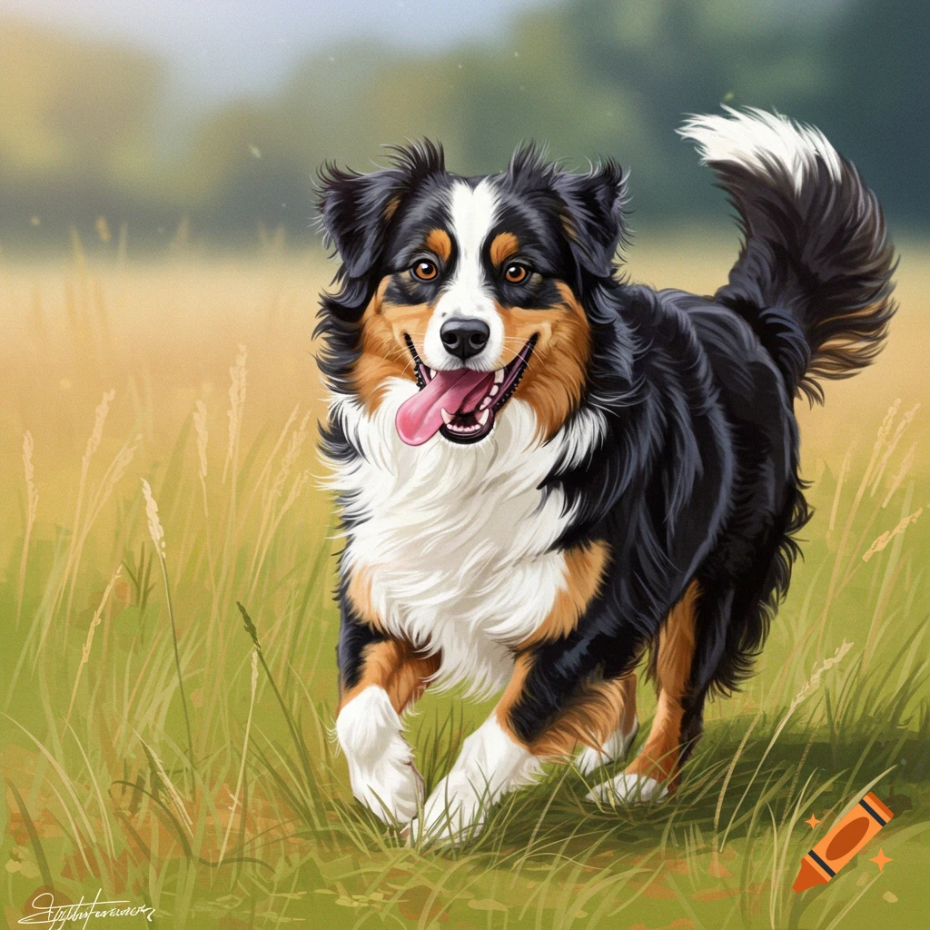 An Australian Shepherd running through a grassy field